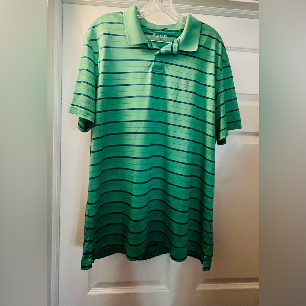 Izod Men's Polo Shirt in Green with Navy Stripes